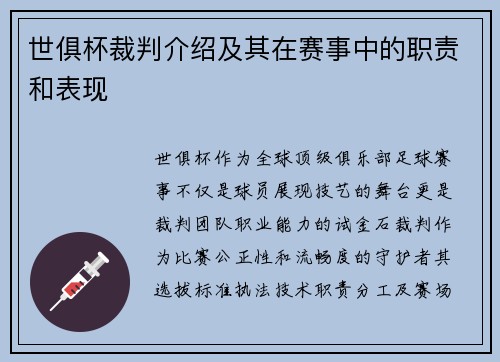 世俱杯裁判介绍及其在赛事中的职责和表现