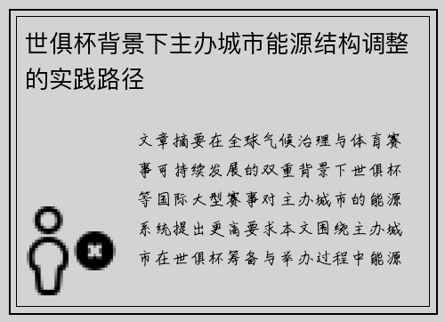 世俱杯背景下主办城市能源结构调整的实践路径