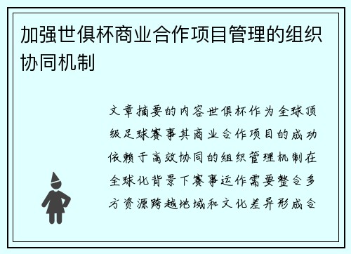 加强世俱杯商业合作项目管理的组织协同机制